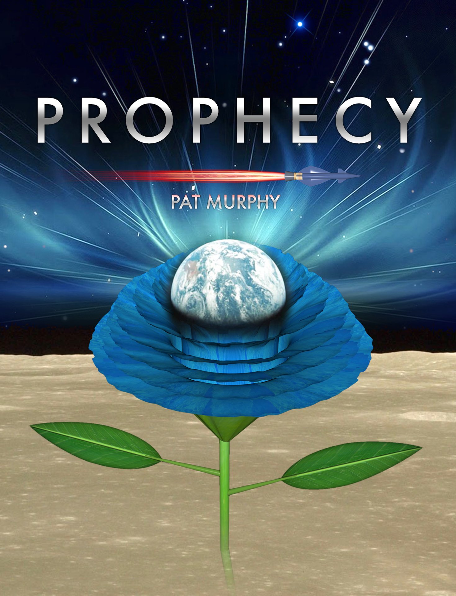 Prophecy book cover: a blue rose holding the Earth on the surface of the Moon